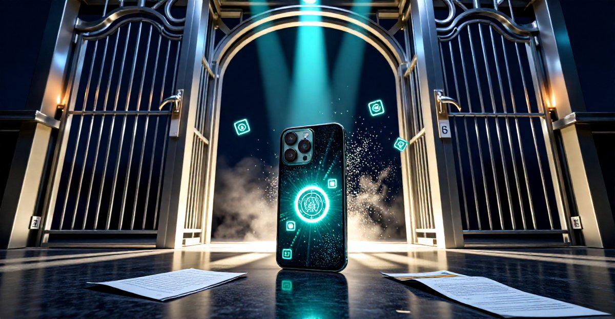 APP filing in China — a smartphone beside a filing-registration sheet marked with an -A serial over mainland server racks on a dark background: the native app and its backend domain as first-class filing objects