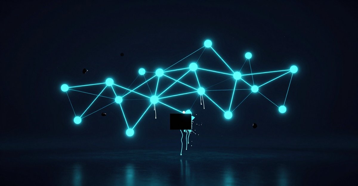 Glowing cyan network of connected nodes with one central panel gone dark &mdash; the rest of the dependency graph stays lit