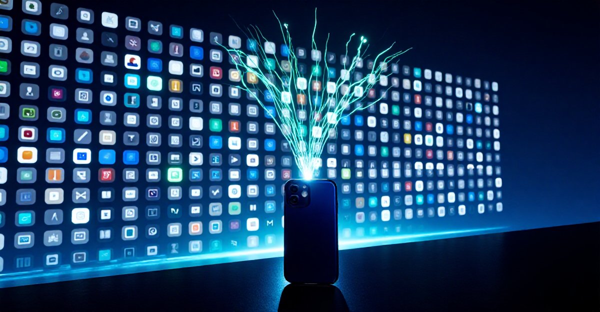 A dark smartphone on a black floor spraying a branching burst of cyan light into a vast curved wall of glowing app icons receding into the dark — one Android app fanning out across the parallel vendor stores that replace Google Play in mainland China