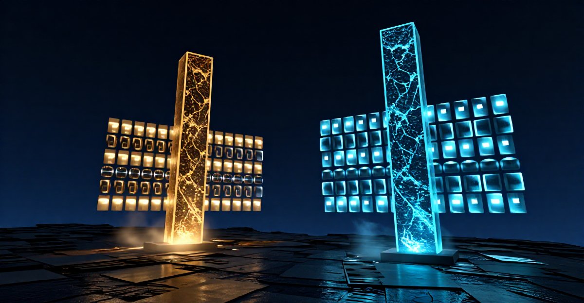 Two glowing grids of mini program tiles branching out around monolith pillars on a dark background — Douyin and Alipay, the two scaled mini program ecosystems beyond the WeChat default, each with its own entry rules, filing gate, and review windows