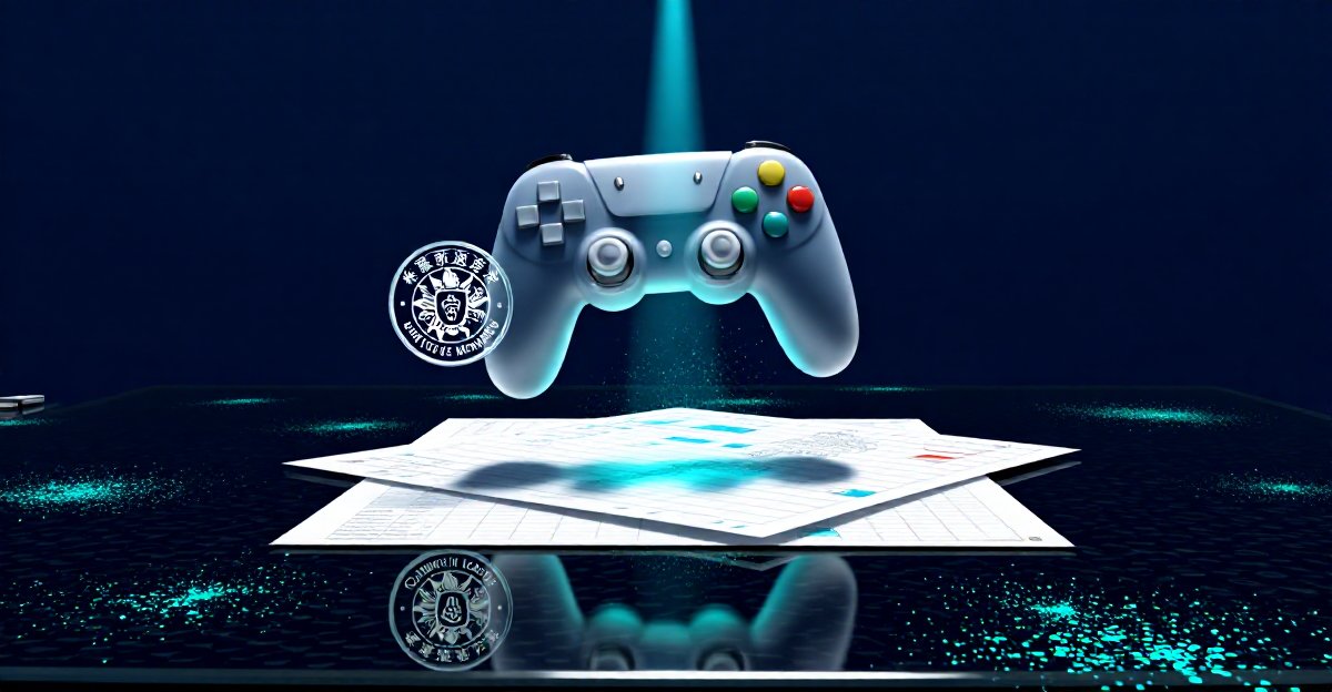 Game approval in China — a circular approval seal beside a floating game controller over approval documents on a dark background: the version-approval layer a game clears before mainland publication