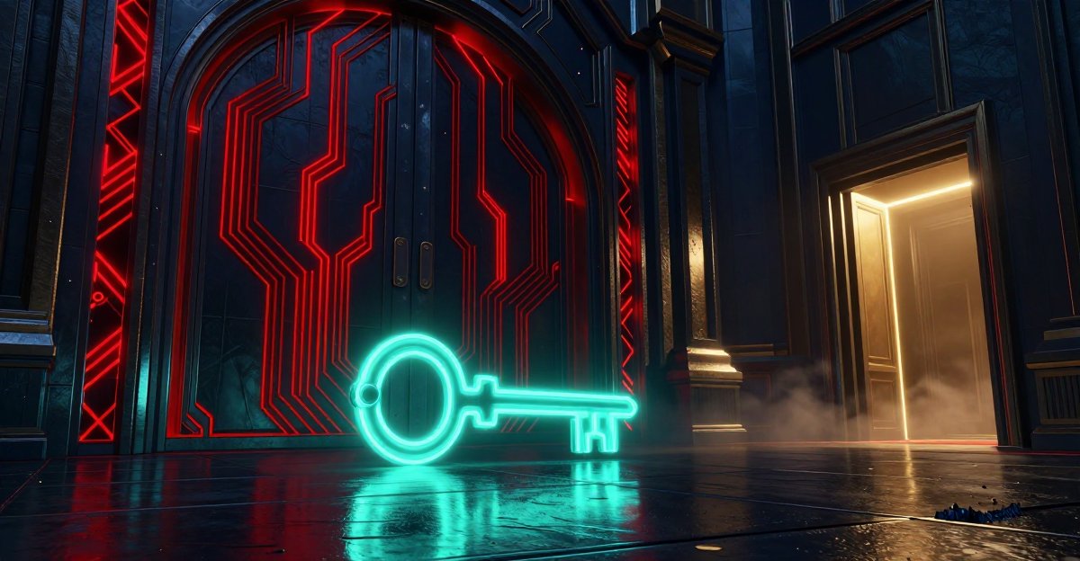 A glowing teal key in front of a sealed red-lit gate, with an open doorway lit beyond — a rejected ICP filing has a documented fix