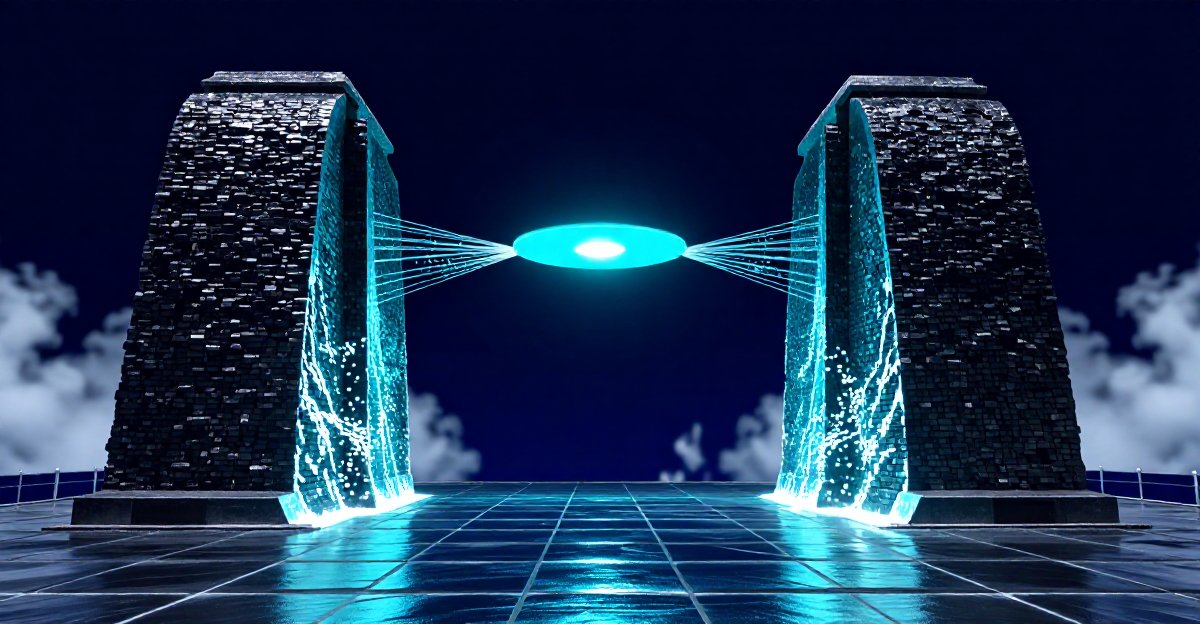 Two dark stone gateway pillars on a tiled platform exchange energy beams with a glowing teal disc suspended between them — an ICP filing's provider association carried intact between providers