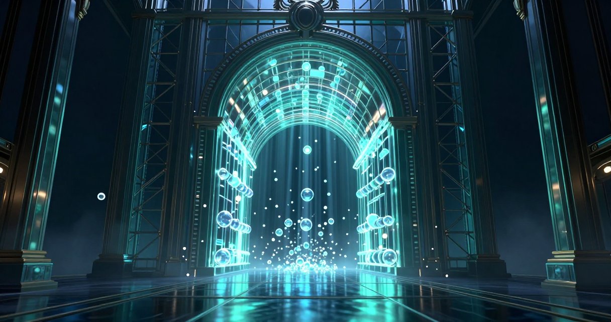 Glowing data nodes stream through a luminous cyan lattice arch gate on a dark reflective floor, representing a data-protection boundary.
