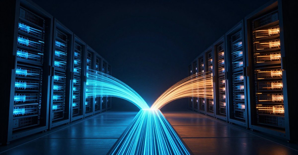 Cyan and amber fiber-optic light streams converge between two rows of datacenter server racks &mdash; two delivery paths meeting at one point