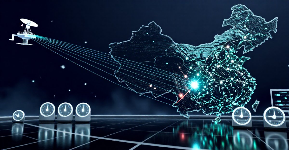 Four measurements over a stylized map of mainland China &mdash; a stopwatch for first-render time, a dead dependency node, a DNS query path crossing the border, and a CDN edge node lit inside the mainland