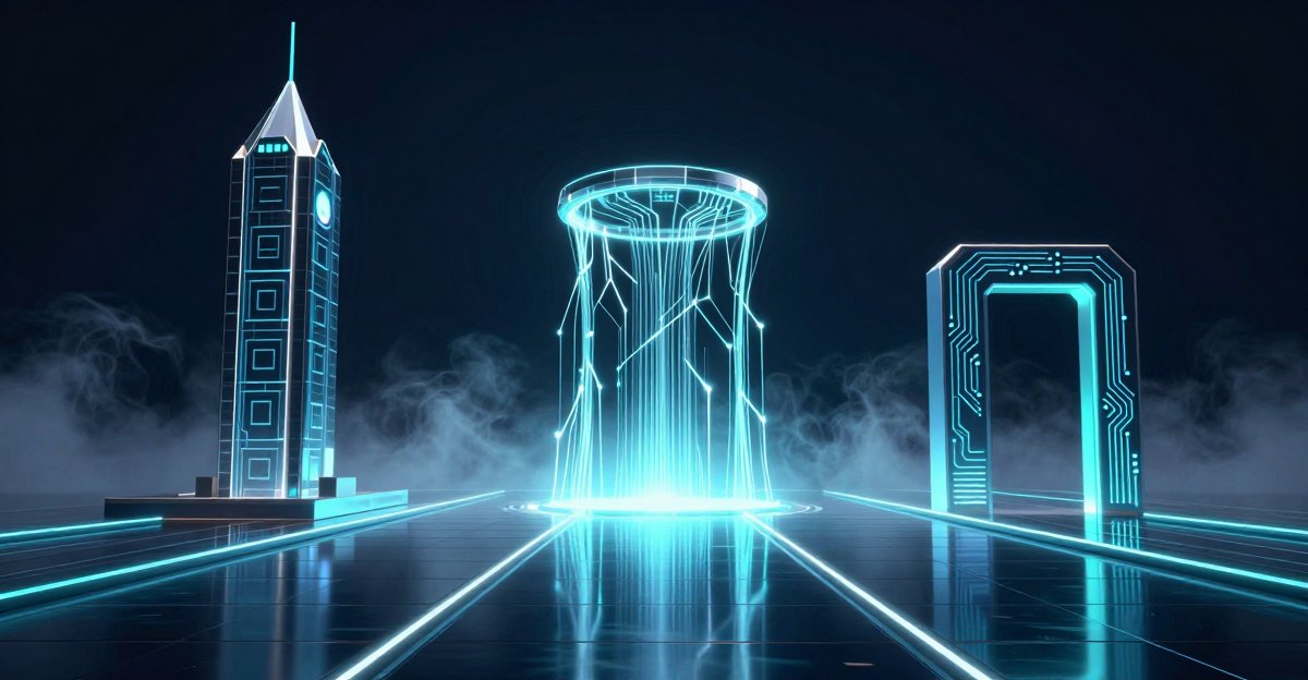 Three glowing cyan structures on a dark reflective floor &mdash; a tower, a light-stream portal, and a gateway arch &mdash; representing three mobile entry routes into China