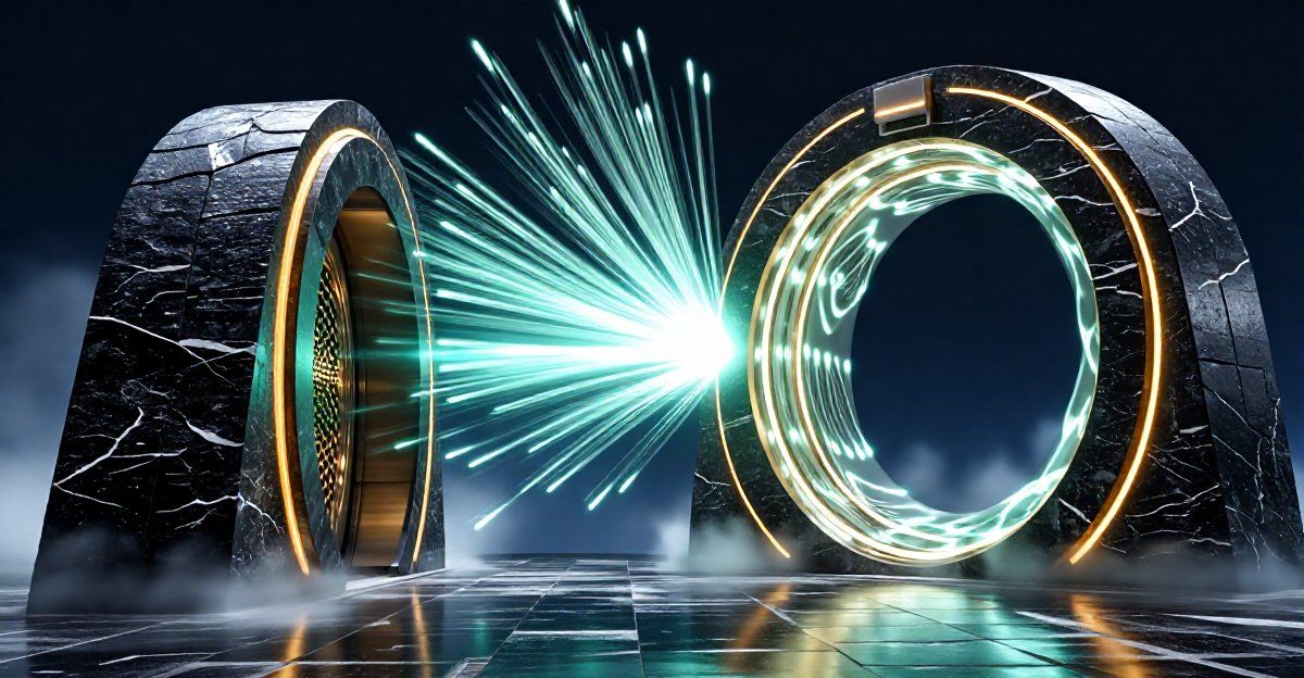 Two dark marble gateway arches on a misty tiled platform exchange a burst of teal energy — the left arch carries a golden mesh core, the right opens into a glowing ring — the Official Account and Mini Program as two linked WeChat surfaces