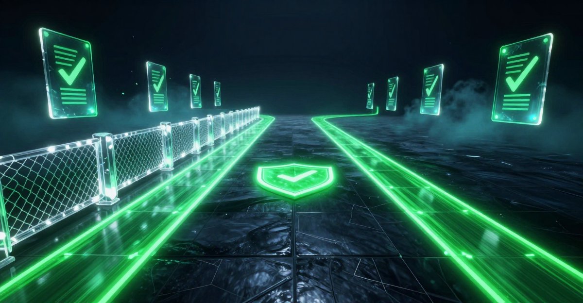 Two glowing green payment pathways converge on a dark reflective floor toward a central shield emblem, one path crossing a translucent fence barrier while floating document cards with checkmarks line both routes