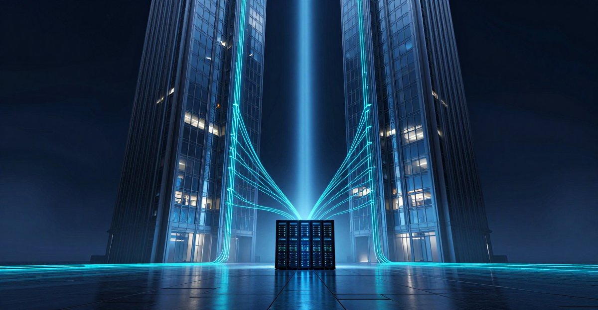 Two corporate towers with light trails converging into a single server rack, representing the mainland entity that holds an ICP filing