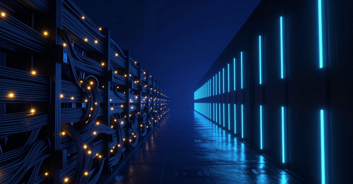 Two parallel data corridors in deep navy void &mdash; left side tangled congested cables with dim amber lights, right side clean glowing cyan edge nodes on reflective obsidian floor