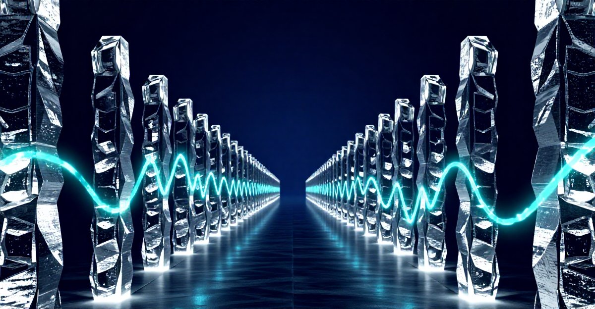 Cyan diagnostic wave threading through a corridor of crystalline pillars in dark navy